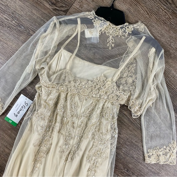 Vintage Stenay Maxi Dress 10 Cream Sheer Beaded Fairy Y2K Rayon Evening Gown - Picture 10 of 13